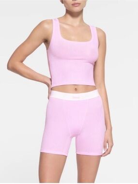 SKIMS Ribbed Cotton Boxer Short in Rare Light Pink White Band XS NWOT